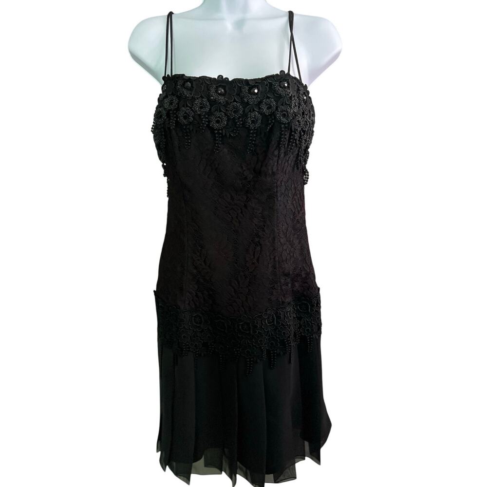 Jessica McClintock VTG 6 Black Lace Beaded Chiffon Cocktail Dress Sheath